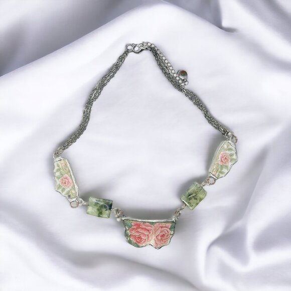 Hand Crafted Jewelry - Artisan Antique Lynns USA Broken  China Roses Triple Necklace W/ Prehnite Stones